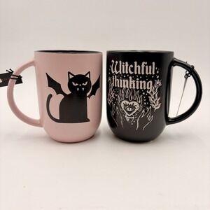 Better Living Halloween Mug Set 2pk Vampire Cat Witchful Thinking Pink Black NEW
